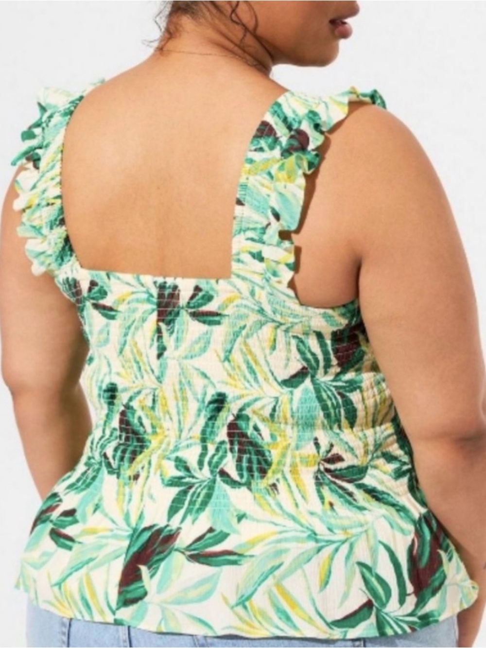 Torrid Peplum Crinkle Gauze Smocked Tank Top Blouse Painted Tropical Print - Picture 3 of 8